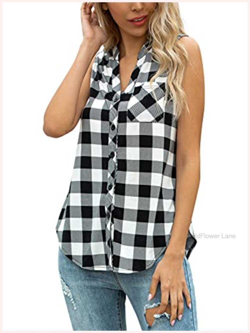 Women's Sleeveless Plaid Button Down V Neck Tank Top Blouse
